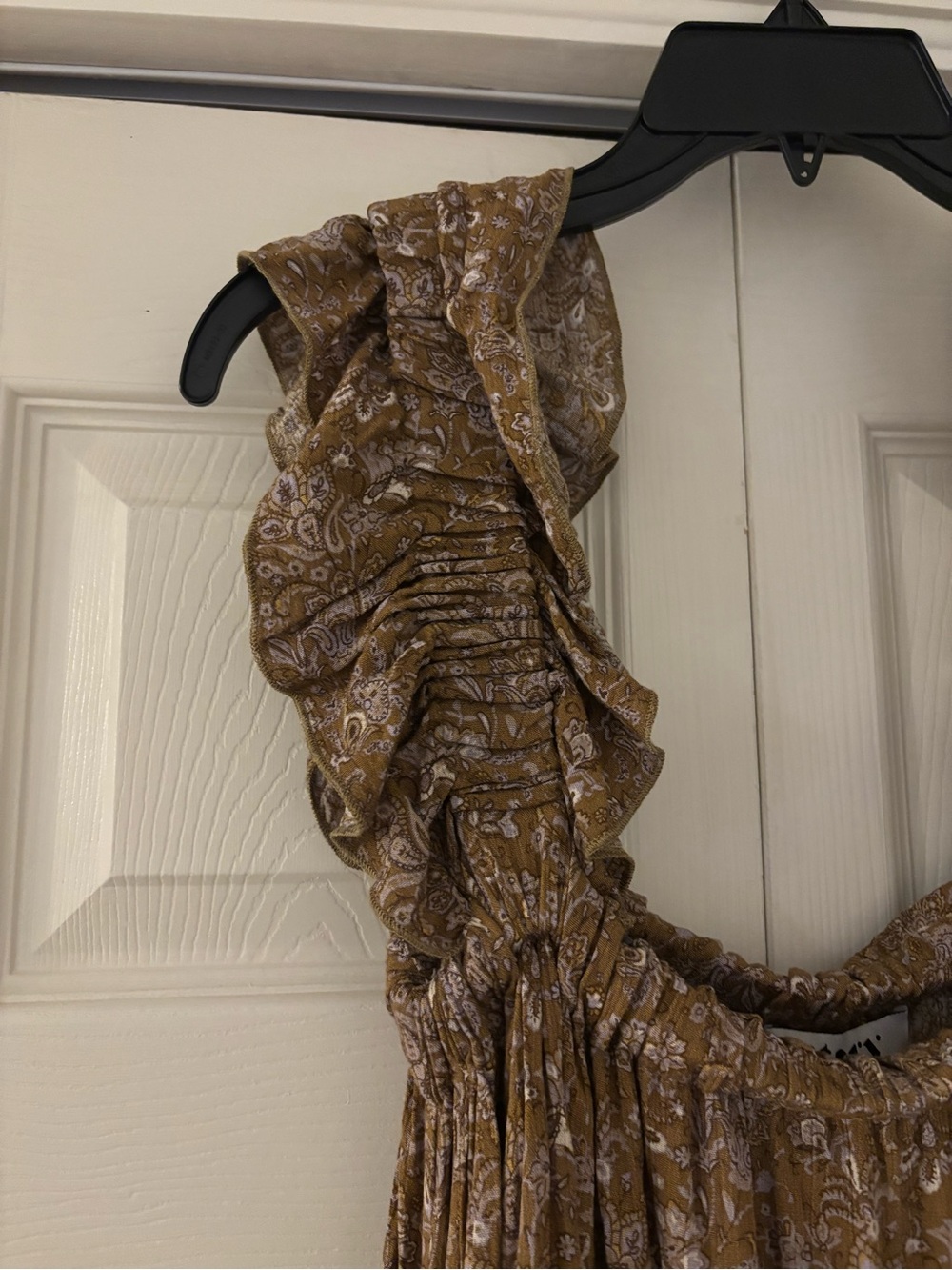 NWT STORY MFG Brown and Gold Ruffled Strap Paisley Maxi Dress - Picture 9 of 12